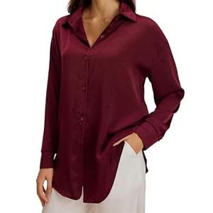 Top Women Button Down Shirts Loose Acetate Blouse Womens Long Sleeves Lightweight for Office Party Casual,One Size, Red