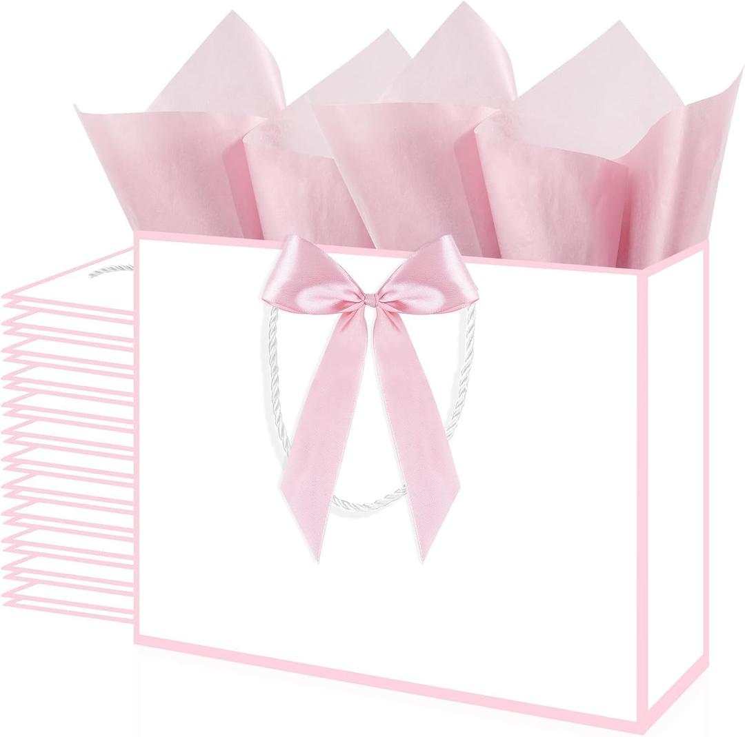 Xihaian 12 Pack Gift Bags with Handles & Tissue Paper, 12.6 X 9.8 X 4.3 In Medium White Pink Thank You Bags with Bow Ribbon for Wedding, Birthday, Mother's Day, Bridesmaid, Groomsmen & Party Favors