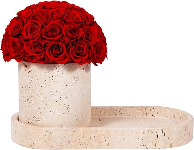 JoyFlower Preserved Flowers Vase, Yellow Travertine Flower Vases & Travertine Tray, Eternal Flower Decorations for Table Party Home Living Room Bedroom Coffee Shop, Decorative Flower Vase Decor(Red)