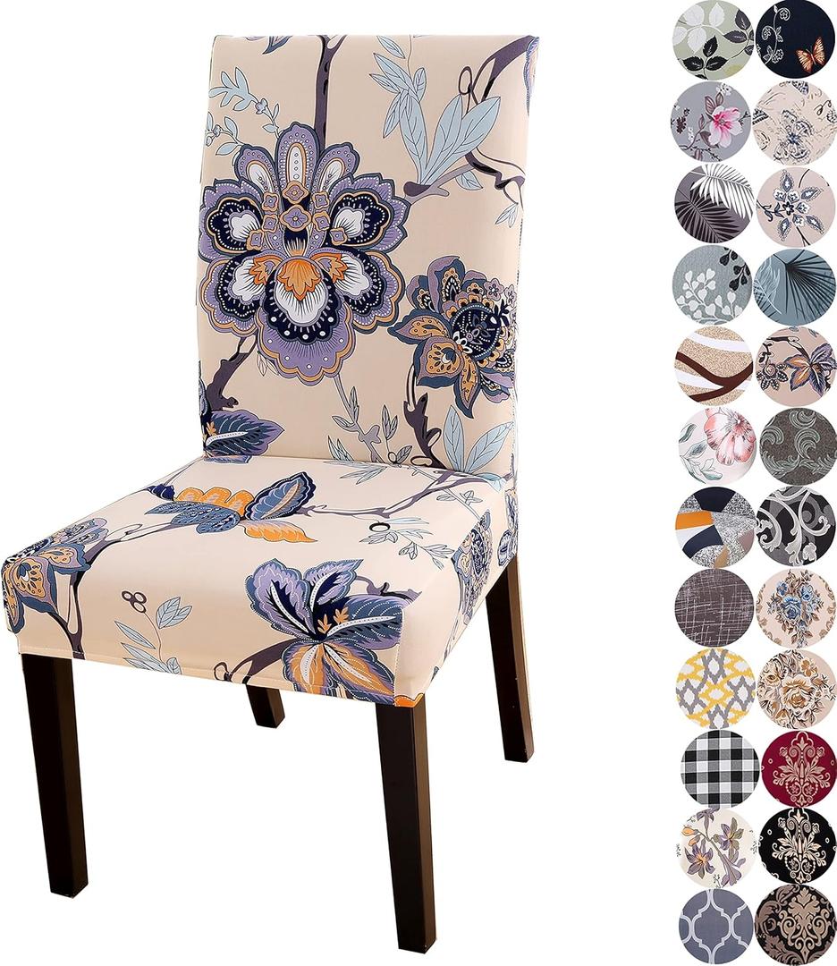 Chair Covers for Dining Chairs Set of 4, Stretchy Soft Parson Chair Covers Removable Washable Kitchen Dining Room Chair Slipcovers with Elastic for Universal Fit (Beige Flowers)