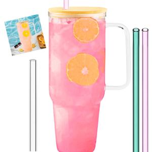 40oz Glass Tumbler, 3 Glass Straws, Natural Lid, Slender Handle, Elevate Your Style, Coffee Cup, Water Bottle, To Go, Reusable, All Natural, No Plastic