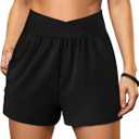 Sampeel Women's Workout Shorts Athletic Running Shorts Crossover High Waisted Gym Shorts with Pockets (Black, XXL)