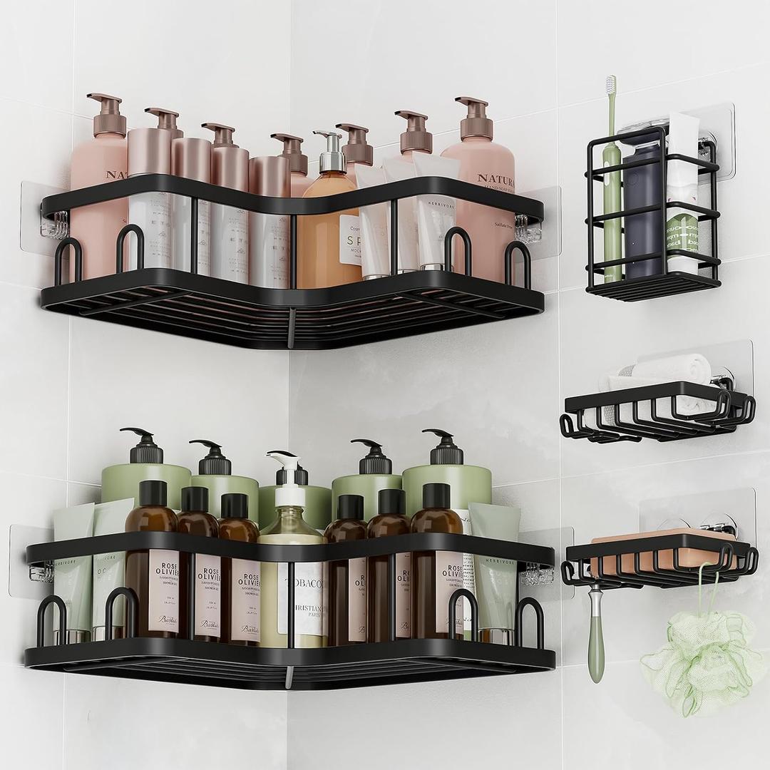 Veken Corner Shower Caddy 5-Pack, Advanced Rustproof Design, No Drilling Adhesive Shelves, Rack with Soap Holder, Bathroom Organizers and Storage, Wall-Mounted Kitchen&Home Decor,Black,Gifts for Mom