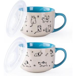 AmorArc 32 Ounces Ceramic Soup Mugs with Lids and Handle, Stoneware Bowls Cup Set of 2 for Soup, Stew, Noodle, Beautiful Mug Bowls With Lovely Dog,Cat Patterns, Microwave&Dishwasher Safe, Blue