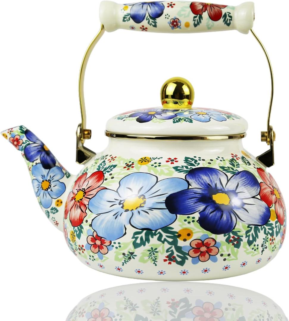 Blue Floral Enamel Tea Kettle Vintage Gold Beige Teapot Blue Floral Boho Hot Water Coffee Kettle Pot 2.5L Porcelain Tea Pot with Ceramic Handle for Stovetop Kitchen Home Decor