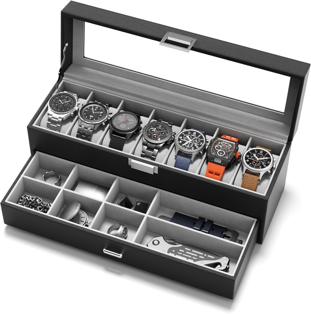 Watch Case Box for Men - 7 SLots Watches Storage Organizer Real-Glass Display Case with Jewelry Drawer 2-Layer PU Leather Collection Holder Gift for Loved Ones Black