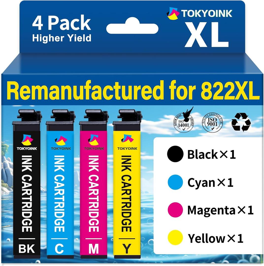 TOKYOINK 822XL Ink Cartridges Combo Pack Remanufactured Replacement for Epson 822 Ink Cartridge T822XL for Workforce Pro WF-3820 WF-3823 WF-4820 WF-4830 WF-4833 WF-4834 Printers Ink (4 Pack)