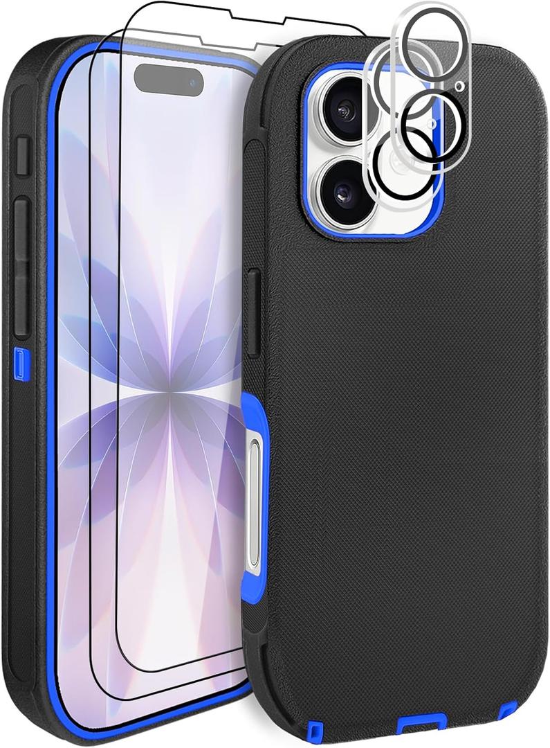 For iPhone 17 Case 6.3" with 2 Screen Protector & 2 Camera Lens Protector, Heavy Duty Full Protection Rugged Phone Case Military Grade Drop-Proof Cover (Black+Blue)