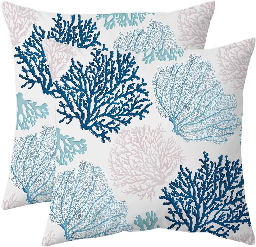 weesire Nautical Coastal Throw Pillow Covers Set of 2 Beach Themed Ocean Coral Sea Turtle Decorative Pillow Cases Outdoor Sofa Cushion Cover for Bedroom Living Room, 16x16, Blue