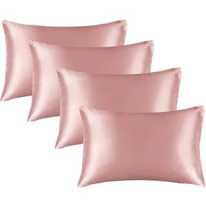 BEDELITE Satin Pillowcase for Hair and Skin, Super Soft Similar to Silk Pillow Cases 4 Pack with Envelope Closure, Cooling Pillowcases for Women Men (20"x36" King Size, Pink