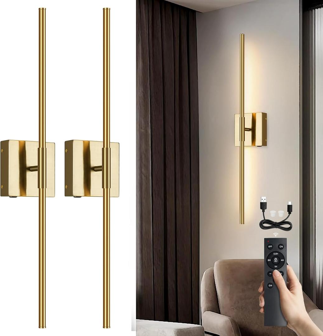 Battery Operated Wall Sconces Set of 2, Battery Wall Sconce with Remote Control, 350Rotate, LED Rechargeable Sconces,3000K-6000K Wireless Wall Light for Bedroom, Living Room, Hallway (Gold, 28Inch)