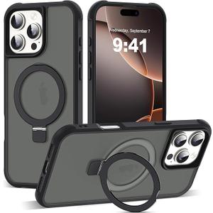 SKYLMW Compatible with iPhone 16 Pro Max Case with Invisible Magnetic O-Ring Stand Military-Grade Translucent Case for iPhone 16 ProMax 6.9" [Compatible with Mag-Safe][Great Grip Feeling], Black