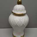 Ginger Jars for Home Decor, White and Gold Vase, Decorative Ceramic Ginger jar with lid, Porcelain Flower Vase for Centerpieces Jarrones, Storage jar, Table Center Vase, Temple Jar(12in)