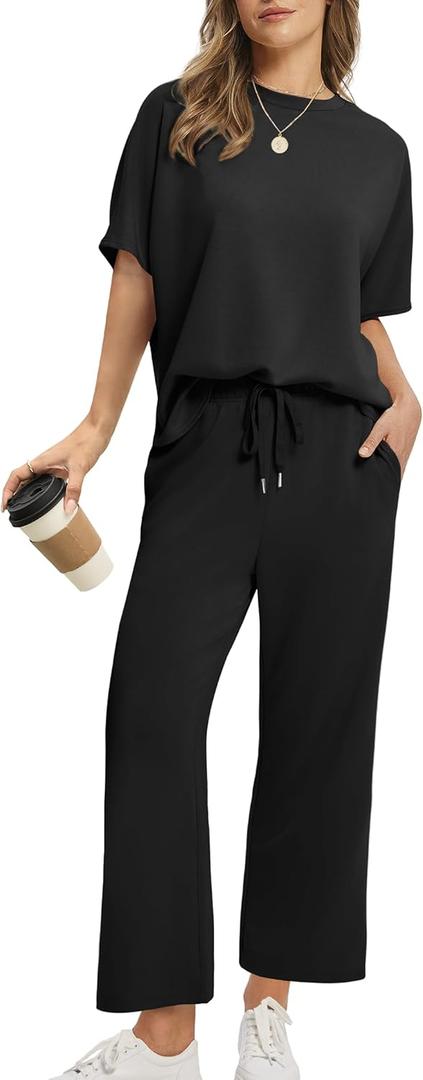 Sampeel Two Piece Sets for Women Summer Outfits Oversized Wide Leg Crop Pants Lounge Sets Airport Beach Vacation Clothes (X-Large, Black)