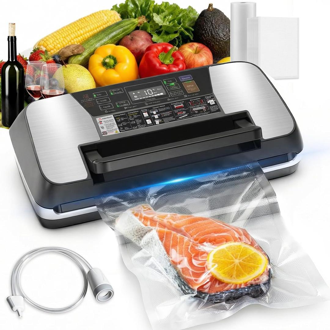 95KPa Food Vacuum Sealer Machine, 230W Vacuum Pack Machine 12-in-1 Automatic Powerful Food Preservation System with Double Heat Seal, Includes Built-in Cutter, Storage, 1 Roll & 10 Bags