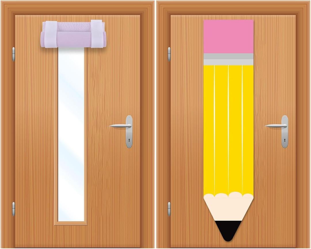 2 PCS Pencil Classroom Door Window Cover Pencil Shaped Door Curtain Blackout Lockdown Shades Glass Window Covering Darkening Blackout Roller Shades for Nursery Teacher Office Room Decor
