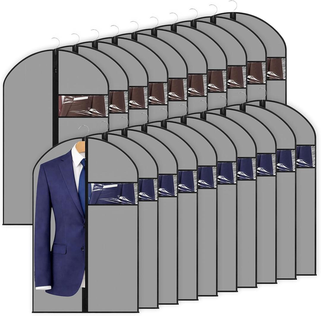 Amylove 10 Pcs 24 x 40 Inch Suit Bag Bulk for Travel and Closet Storage, Garment Bags for Hanging Clothes with Zipper and Clear Window, Dustproof Hanging Cover for Suits Jackets Dresses Coats (Gray)