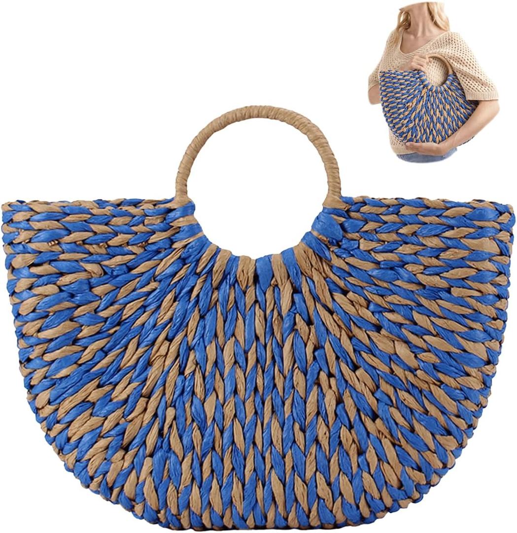 Tarvione Navy Straw Purse Woven Clutch Beach Bucket Tote Bag Unlined Hobo Handwoven Summer Vacation Handbag for Women Travel Holiday(Navy Blue)