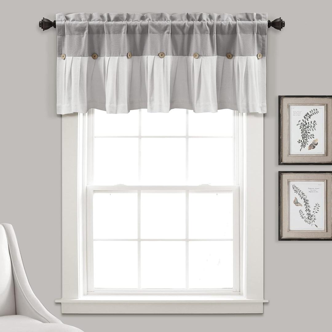Lush Decor Linen Button Farmhouse Valance Curtians 52"W x 18"L Gray & Off White - Linen Valances For Windows - Kitchen Curtains Valances