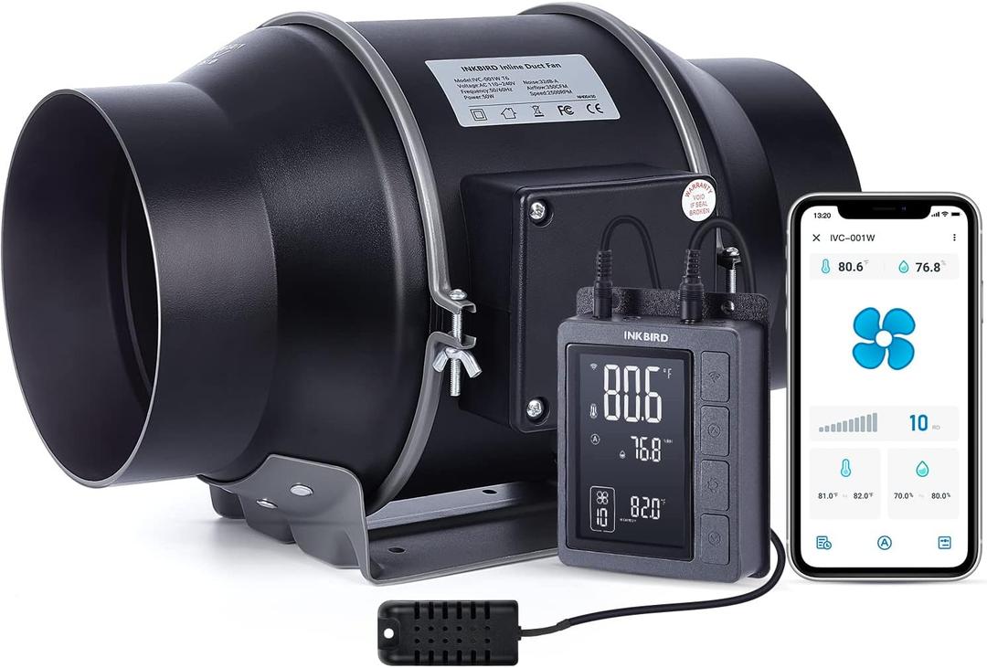 Inkbird WiFi 6 Inline Duct Fan with Temperature Humidity Intelligent Controller IVC-001W, App - Ventilation Exhaust Fan for Heating Cooling Booster, Grow Tents, Hydroponics