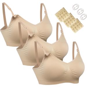 HOFISH Women's Seamless Nursing Maternity Bra Push Up Comfort Sleep Bralette 3PCS/ Pack, Beige XL