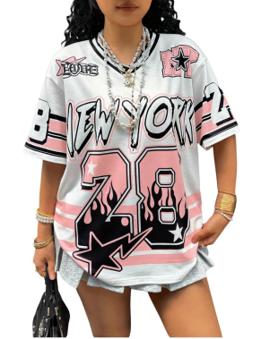 Women's Number Letter Graphic Jersey Shirt Y2k Striped Half Sleeve V Neck Oversized Tshirts Streetwear, 4XL