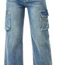 Women High Waisted Cargo Jean for Women with 6 Pockets Straight Wide Leg Jean Casual Baggy Pants (14, Blue001)
