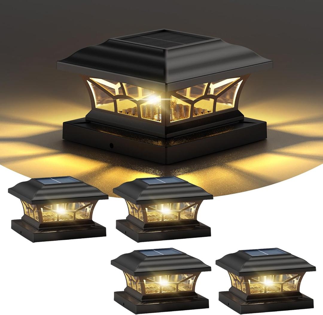 4 Pack Solar Post Cap Lights Outdoor Waterproof, Fits 4x4, 5x5, 6x6 Wooden & Vinyl Fence Decks with Warm & Cool White Light Modes.(Classic Black,4)