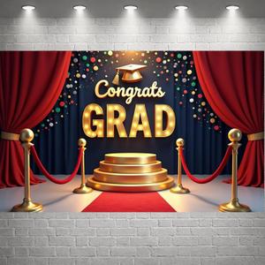 2026 Graduation Party Decorations Backdrop Class of 2026 Congrats GRAD Banner with Red Curtain Stage Design for Indoor Outdoor Graduation Party Decor Photo Booth Props