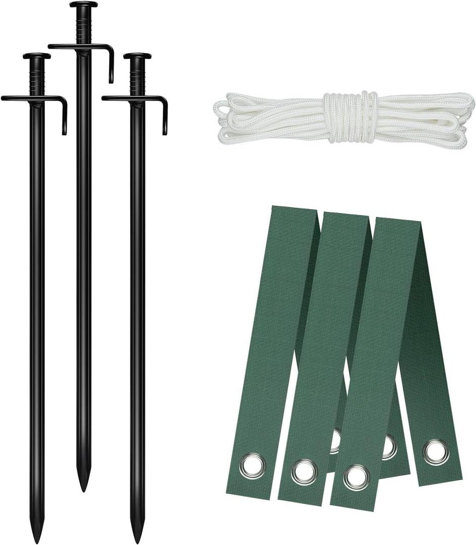Heavy Duty Steel Tree Stake Kits,Tree Staking and Supports Kits for Young Trees Against Bad Weather, Include 3 PCS Tree Straps for Staking, 3 PCS 11.8 Inch Tree Stakes and 31.2 Feet Rope for Anchoring