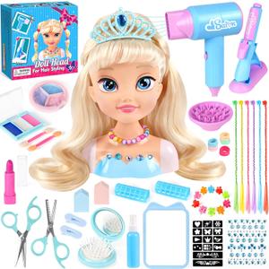 Hair Styling Doll Head Toys for Girls, Kids Makeup Hair Salon Pretend Play Styling Kit with Hairdryer, Curling Iron, Beauty Hair Stylist Toy Christmas Birthday Gift for Toddler Girls 3, 4, 5, 6+
