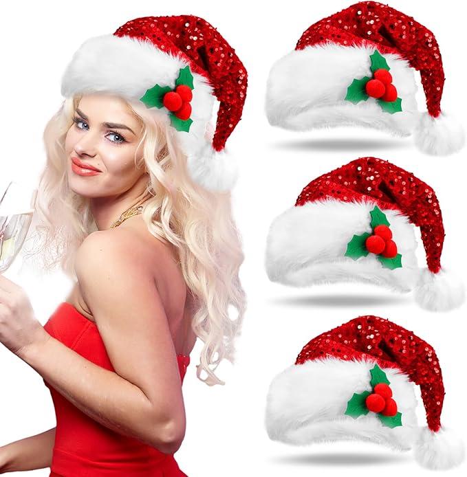 Liitrsh 3 Pcs Christmas Santa Hat for Adults, Unisex Sequin Santa Hats with Red Berry for New Year Xmas Festive Holiday Party(Rose Red)
