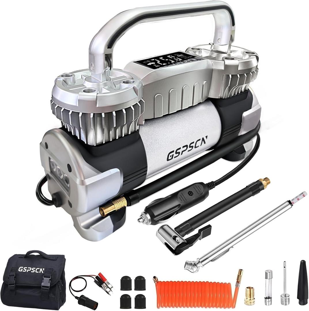 GSPSCN 6X Faster Inflation Digital Dual Cylinder Portable Air Compressor,12V Metal Tire Inflator w/Adapter & Pencil Pressure Gauge 150PSI LED LightHeavy Duty Air Pump for Car,Truck,SUV,ORV,RV,Balls