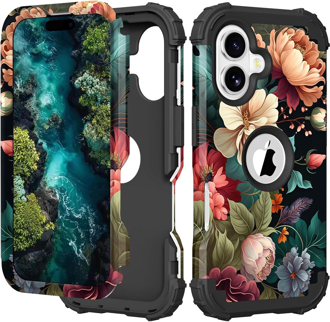 PIXIU Unique Flower Pattern Compatible with iPhone 17 6.3 inch case,Heavy Duty Dual Layer Shockproof Full-Body Protective Sturdy Hybrid Cute Rugged Case for Women,Girls,Kids-Black Flower (T77)