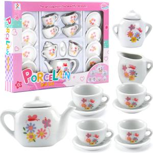 16 Piece Rose Flower Miniature Porcelain Ceramic Tea Set | Kids Toy Mini Pretend Play Kitchen Decorated Playset | Small Party Accessories Teapot, Cups, Sugar Bowl and Creamer