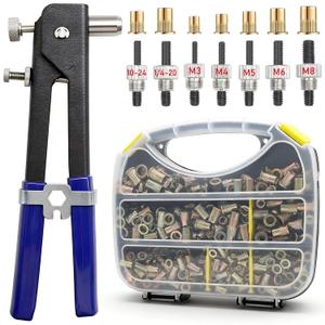 455Pcs Rivet Nut Tool Kit, Rivnut Tool Kit with 7 SAE and Metric Mandrels (10-24, 1/4-20, M3, M4, M5, M6, M8) and Rivet nut Assortment Kit with Rugged Carrying Case (Carbon Steel)