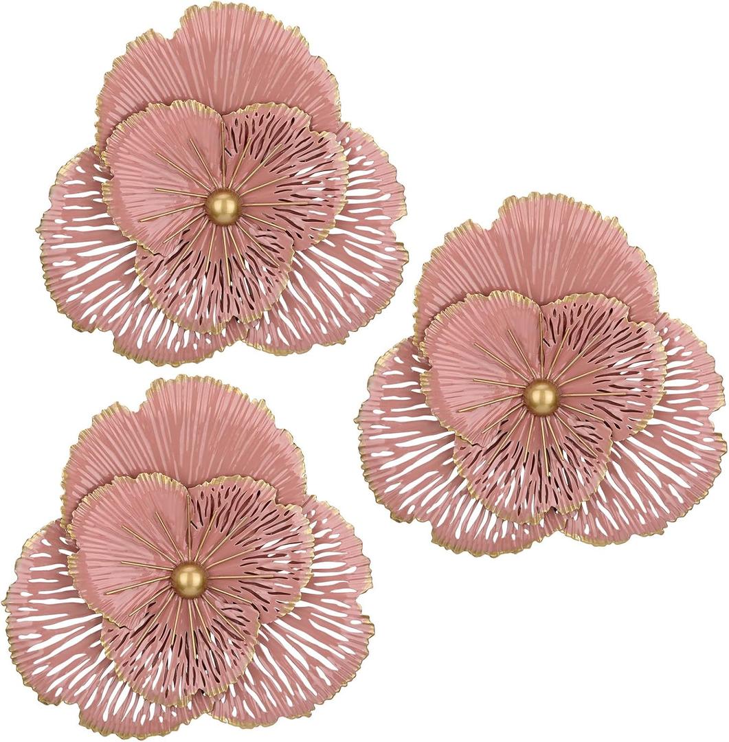 DILATATA 3 Pcs Metal Flower Wall Art Set 10 Inch Rustic Modern Floral Sculpture 3D Metal Flower Wall Hanging Accent for Indoor Living Room Bedroom Kitchen Bathroom Garden Patio Decor - Pink