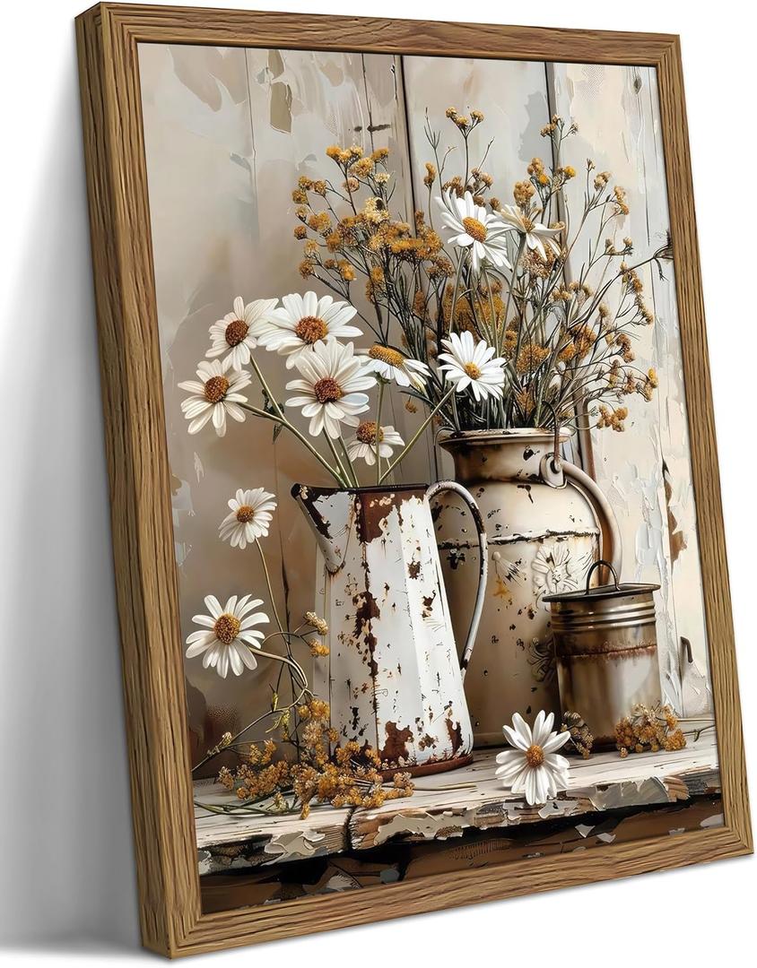 Country Wall Art, Farmhouse Pictures Wall Decor, Rustic Daisy Canvas Prints, Rusty Watering Can Art Paintings, Vintage Floral Artwork for Living Room Hallway Kitchen Bathroom Decor, Framed 16x24 In