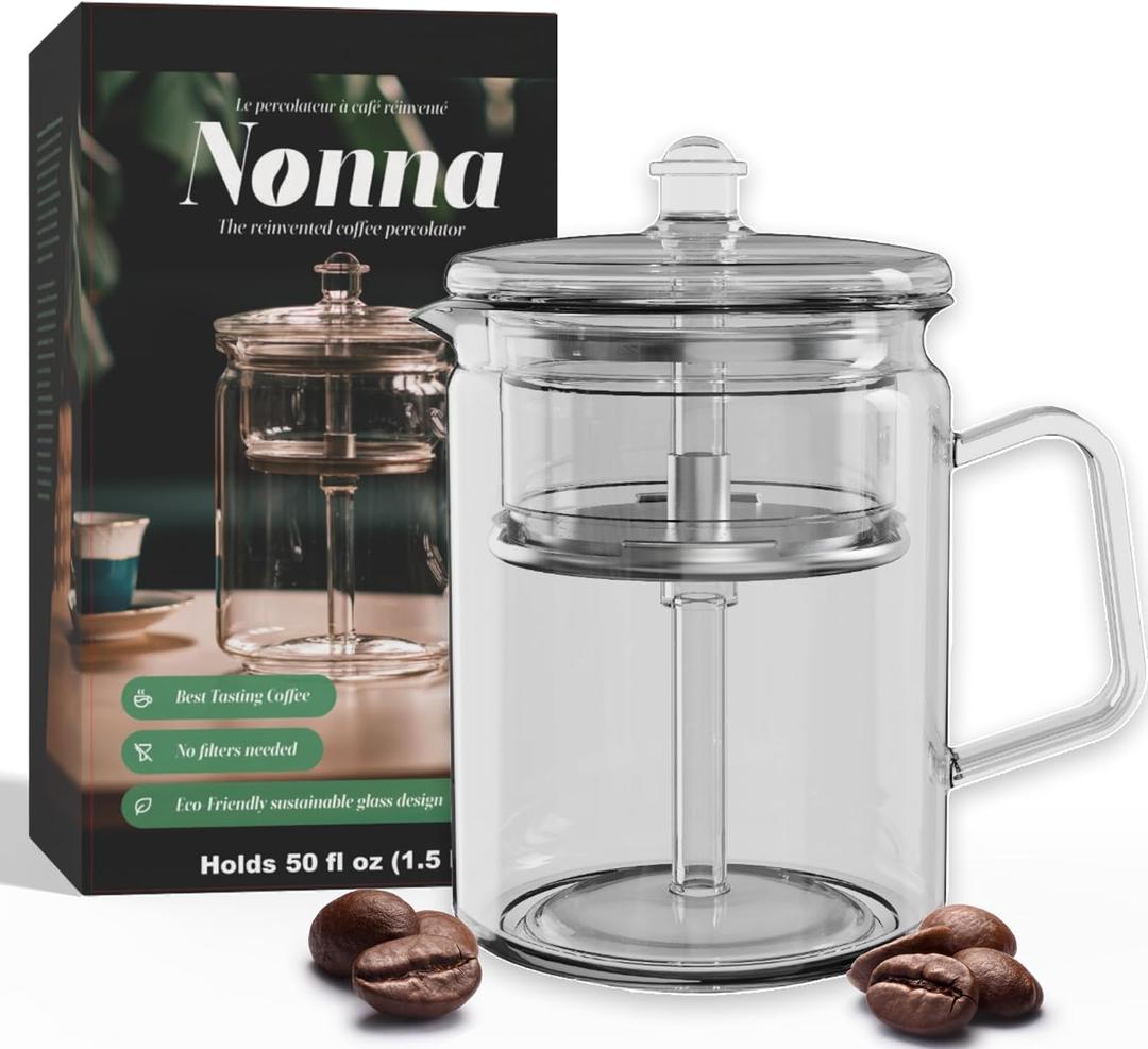 Glass Coffee Percolator - The Nonna | Non-Electric Borosilicate Glass & Stainless Steel | Eco-Friendly Coffee Gift | BPA Free | Stovetop Glass Percolator (1 Unit)