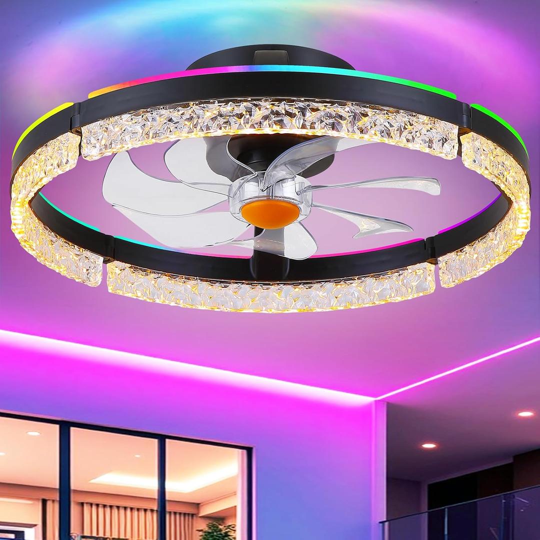 Mpayel 20" Flush Mount Ceiling Fan with RGB Light- Low Profile Modern Fan Light, Dimmable 3CCT 6Wind Speeds, LED-RGB, Bladeless Enclosed Fan with Ambient Light, Bedroom, Kids Room, Party