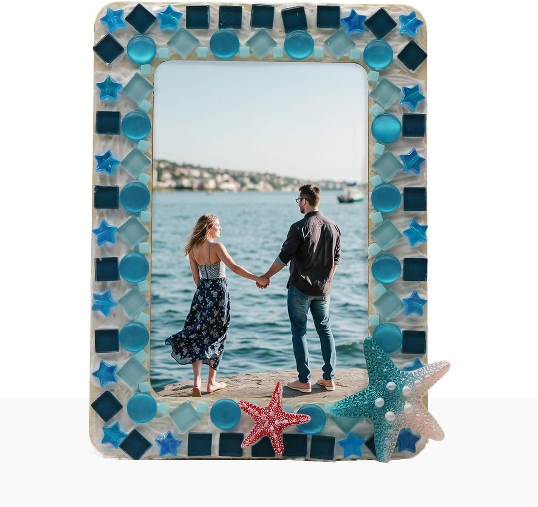 Mosaic Photo Frame Kit for 4x6 Photos, Includes Sea-Themed Resin Decor & Non-Toxic Cream Glue, Fun Craft Handmade DIY Gift for Birthdays (Blue)