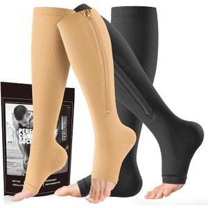 cerpite Zipper Compression Socks - 2 Pairs Open Toe Compression Stockings for Men Women 15-20mmHg,Suit for Running, Sport (Small-Medium)
