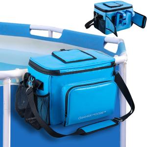 CHANGEMOORE Above Ground Pool Accessories Poolside Storage Basket with Cooler, Heavy Duty Hanging Pool Bag with Top Window, 28L Capacity Fits 30 Cans, Waterproof 500D PVC, Metal Buckles & 6cm Hooks
