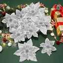 Alupssuc 24 Pcs 6"&9" Large Poinsettia Artificial Christmas Flowers Decorations for Christmas Tree, Boxed Christmas Ornaments Flowers Glitter Picks for Xmas New Year Decor with Clips&Sticks, Silver