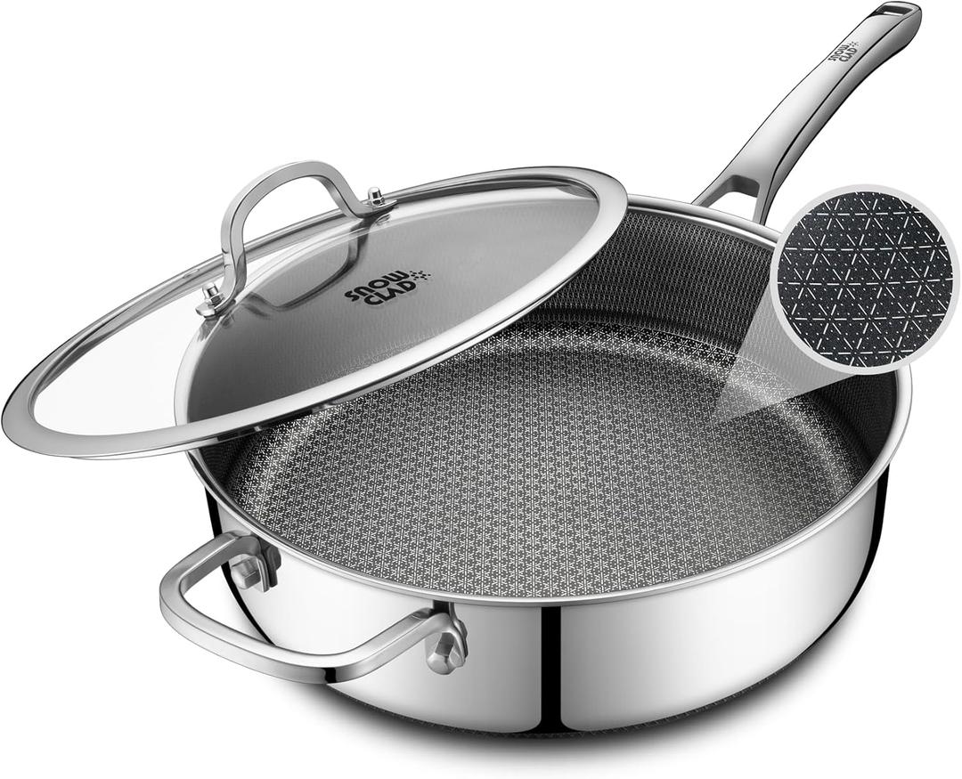 SNOWCLAD Frying Pans Nonstick with Lid, Hybrid Non Stick 5 Quart Saute pan, PFOA Free Cookware, Stainless Steel skillet, 12 inch Deep Saute Pan, Dishwasher&Oven Safe, Works on All Cooktops