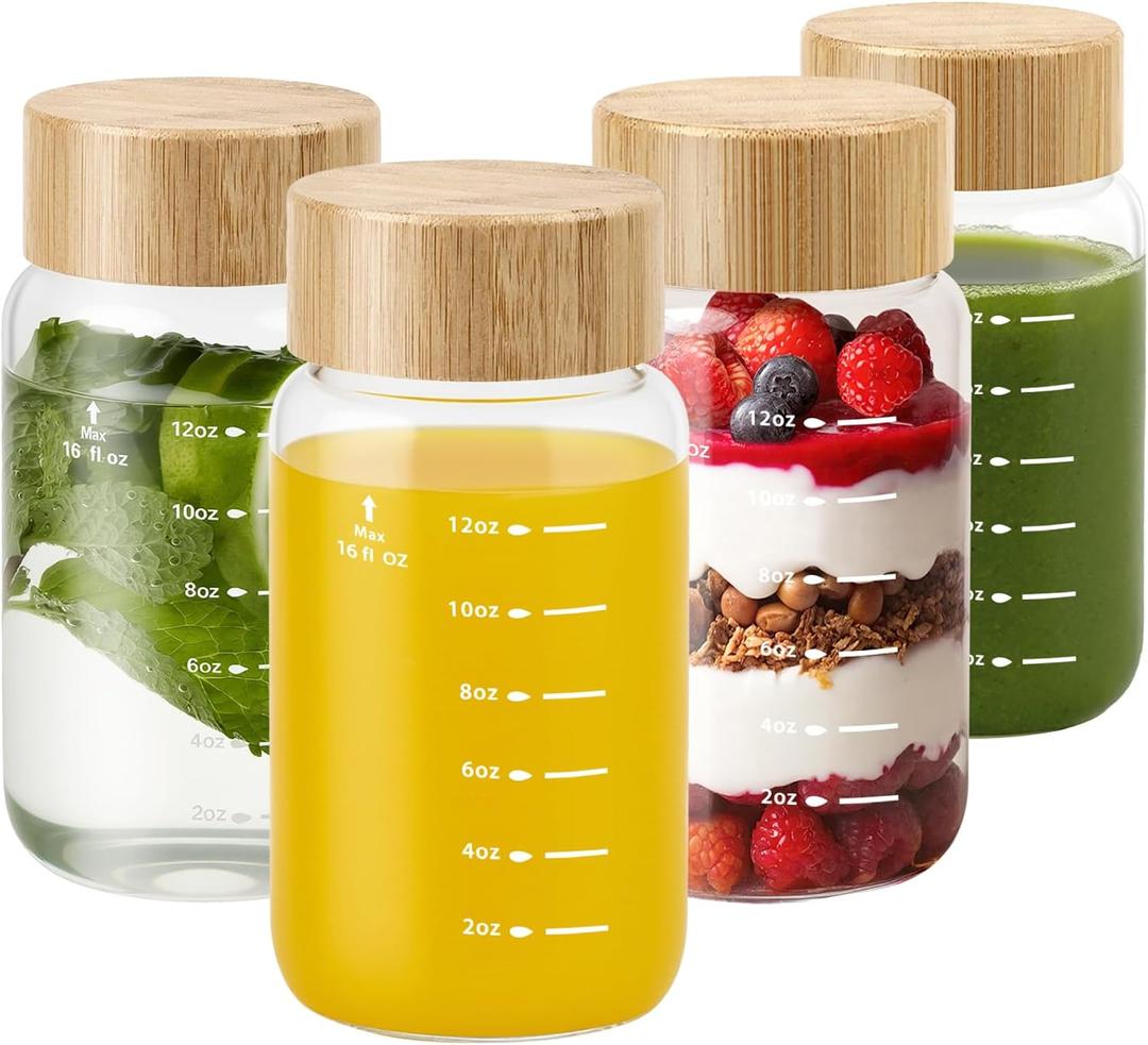 Freshmage 16 oz Borosilicate Glass Water Bottles (4 Pack) - High-Heat Resistant & Durable Wide Mouth Reusable Bottles with Bamboo Lids, Leak Proof for Juicing, Smoothies, Beverage Storage, BPA-Free
