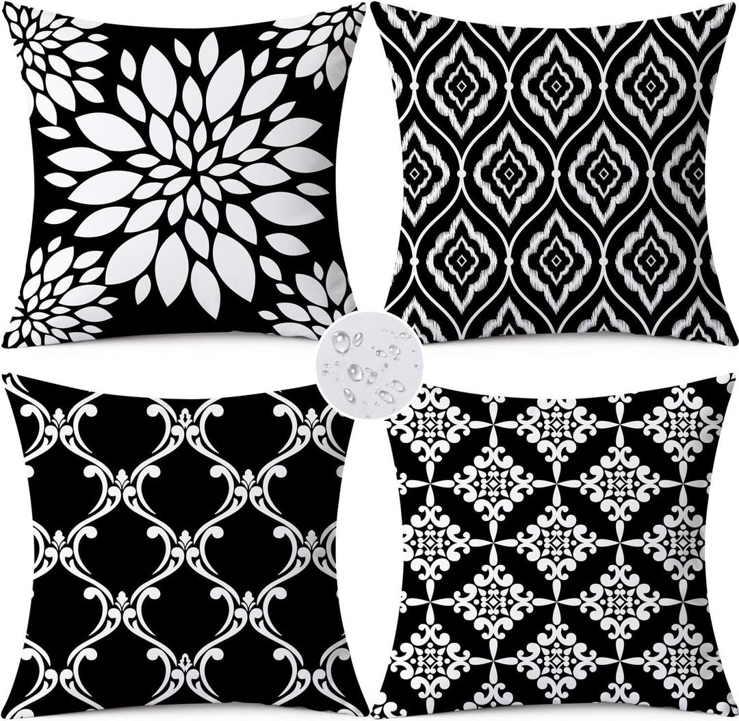 Outdoor Waterproof Throw Pillow Covers 18x18 Set of 4 Black Aesthetic Boho Decorative Cushion Cases for Patio Furniture Garden Porch Bench Couch Sunbrella