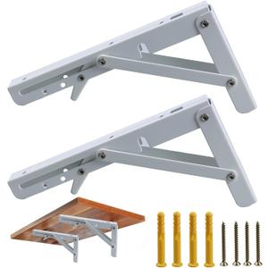 2 Pack 8IN Folding Shelf Brackets,White Heavy Duty Matte Collapsible, Folding Bracket for Table Bench, Collapsible Wall Shelving Space Saving for Bench Table