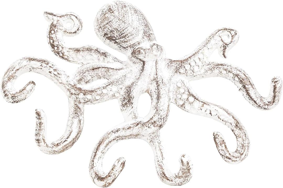Sungmor Cast Iron Key Holder for Wall, Decorative Octopus Hanger with 6 Hooks, Vintage White Wall Hooks for Towel, Bathrobe, Necklaces, Purse, Dog Leashes, Bathroom Nautical Decor