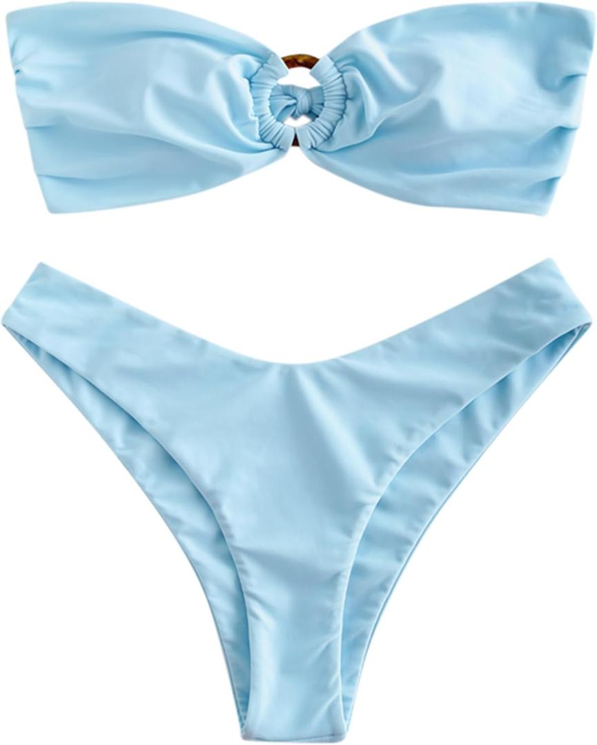 ZAFUL Women's Bandeau Bikini O Ring Strapless Tie Back High Cut Two Piece Swimsuit Bathing Suits (1-Light Blue, Small)